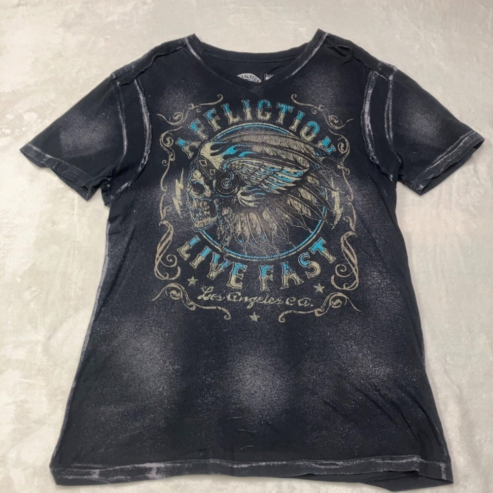 Vintage Y2K Affliction Shirt Men's XL Flame Skull Graphic Black Burnout Thin Tee